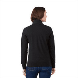 A woman wearing a black polar fleece jacket, viewed from the back, with a fitted design and a high collar.
