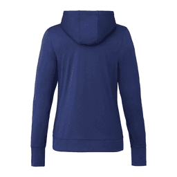 A navy blue women's hoody with a hood and long sleeves, featuring a simple design. It has a branding logo on it.