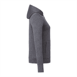 A women's eco knit hoody in grey, featuring a hood and front pocket, with a logo.
