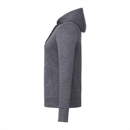 A grey women's hoodie featuring a hood and side pockets, with a logo visible on the fabric.