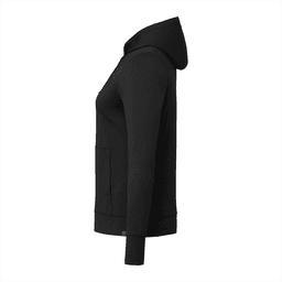 A black women's hoody with a zip, pockets, and a hood, featuring a subtle branding logo.