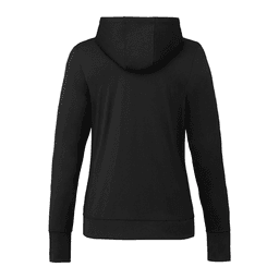 A black women's hoodie featuring a hood and long sleeves, with a simple design and a logo on the back.