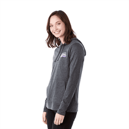 A grey women's hoody with a front pocket and a logo on the upper left side.
