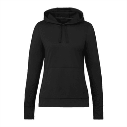 A black women's hoody with a drawstring hood and long sleeves, featuring a subtle logo.