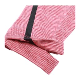 A close-up of a pink striped fabric with a contrasting black trim, showcasing the texture and design of a half zip jumper.