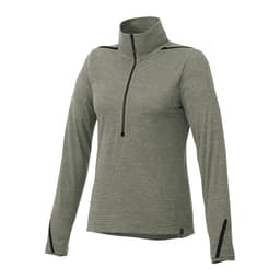 A women's half zip jumper in green eco-knit fabric, featuring long sleeves and a mock collar. It has a brand logo.