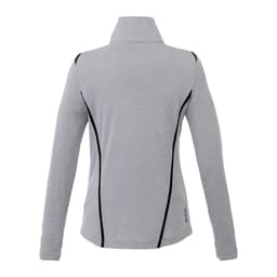 A grey women's half zip jumper featuring black seam detailing and a high collar, with a logo on the side.