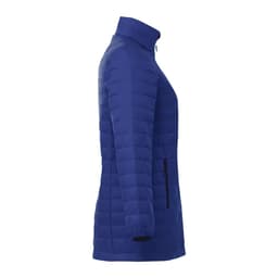 A lightweight, packable puffer jacket in a solid blue colour, featuring a high collar and zippered pockets.