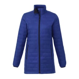 A blue women's puffer jacket with a zip front, high collar, and side pockets. It features a logo on the design.