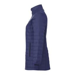 A navy women's insulated puffer jacket with a zippered pocket and a high collar, featuring a logo.