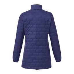 A navy lightweight packable insulated puffer jacket with a collar and long sleeves, featuring a logo.