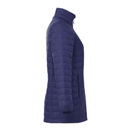 A lightweight packable insulated puffer jacket in navy, featuring a high collar and zippered side pockets.