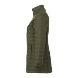 A lightweight packable insulated puffer jacket in olive green, featuring a high collar and zippered pockets.