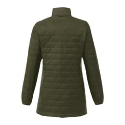 A lightweight packable insulated puffer jacket in olive green, featuring a quilted design and a collar.
