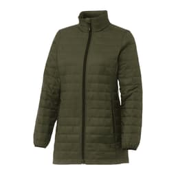 Lightweight, insulated puffer jacket in an olive green colour with a zippered front and a high collar. Features side pockets.