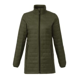 A lightweight packable insulated puffer jacket in dark green with a high collar and long sleeves. Features zippered pockets and a logo.