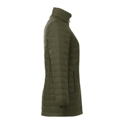 A lightweight packable insulated puffer jacket in olive green, featuring a high collar and zippered pockets.