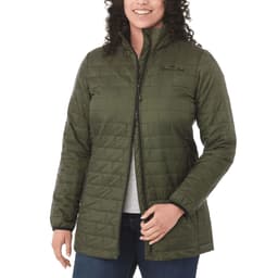 A green insulated puffer jacket with a zip-up front and a high collar, featuring a logo.