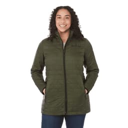 A lightweight packable insulated puffer jacket in olive green with a zip front and pockets, featuring a logo.