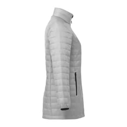 A lightweight, insulated puffer jacket in light grey, featuring a high collar and a side zip pocket.