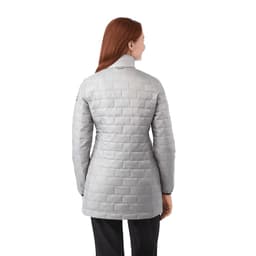 A lightweight, packable insulated puffer jacket in light grey, featuring a textured pattern and a high neck.