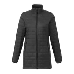 A women's lightweight packable insulated puffer jacket in black, featuring a high collar and zip closure.