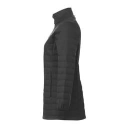 A women's black lightweight packable insulated puffer jacket with a high collar and side pockets, featuring a logo.