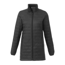 A women's lightweight packable insulated puffer jacket in black, featuring a zip closure and side pockets.