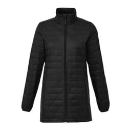 A lightweight, packable insulated puffer jacket in black with a high collar and zip front. Features two side pockets and branding.