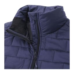 A navy blue women's lightweight packable insulated puffer vest featuring a high collar and zippered opening.