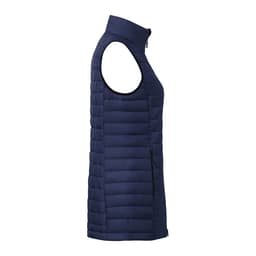 A navy lightweight packable insulated puffer vest, featuring a sleek design and zip closure, with one side pocket.