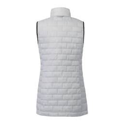 A lightweight, packable women's puffer vest in a soft grey colour, featuring a quilted pattern and a collar.