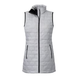 A lightweight packable insulated puffer vest in light grey with black accents and a high collar.
