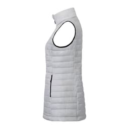 A lightweight packable insulated puffer vest in a light grey colour, featuring a high collar and side pockets.