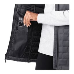 A black insulated puffer vest with an interior pocket for a phone or small items. Features a quilted design.
