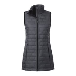 A women's lightweight packable insulated puffer vest in dark grey, featuring a high collar and zip closure, with a branding logo.