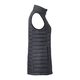 A women's lightweight puffer vest in dark grey, featuring a high collar and sleeveless design with side zippers.