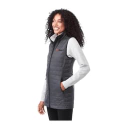 A lightweight, packable insulated puffer vest in dark grey, featuring a sleek design and a logo on the chest.