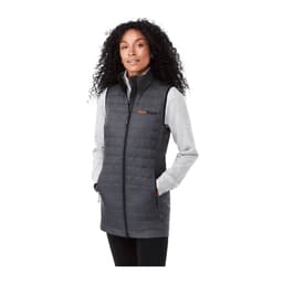 A lightweight packable insulated puffer vest in grey, featuring a high collar and pockets, worn with a grey long-sleeve top.