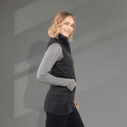 A lightweight packable insulated puffer vest in black, featuring a sleek design and a high neckline.