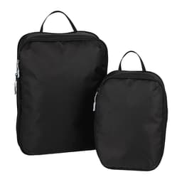 A set of black compression packing cubes in two sizes, featuring zippers and carry handles, with a logo.
