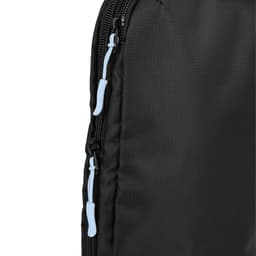 A black packing cube with blue zipper pulls, featuring a textured fabric surface and seamless design.