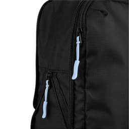 A black packing cube with blue zipper pulls, showcasing a close-up of the zippered compartment.