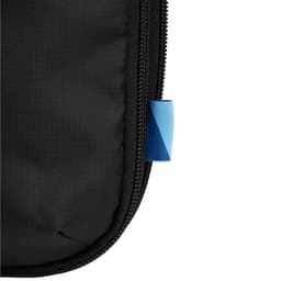 A black packing cube featuring a blue zipper pull, designed for organising and compressing clothes and travel items.
