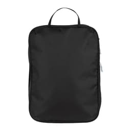 A black packing cube with a handle and zipped compartments, designed for organisation and storage.