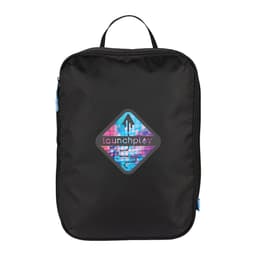 A black packing cube with a geometric logo, featuring shades of blue and purple. It has a zip closure and a handle.