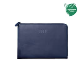 A navy tablet case with a zip closure, featuring a logo and an eco-friendly badge.