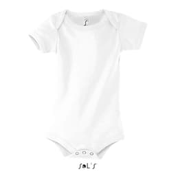 A white baby bodysuit with short sleeves, featuring a logo on the front.