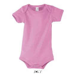 A pink baby bodysuit with short sleeves and a snap closure at the bottom. It features a branding logo.