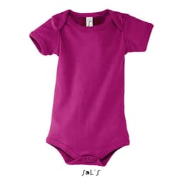 A short-sleeved bodysuit in bright magenta, featuring snaps at the bottom and a tag with a logo.
